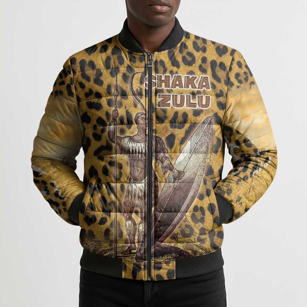 Shaka Zulu Bomber Puffer Jacket Leopard Print Design Traditional Warrior Spear and Shield Illustration Tribal King - African Pride