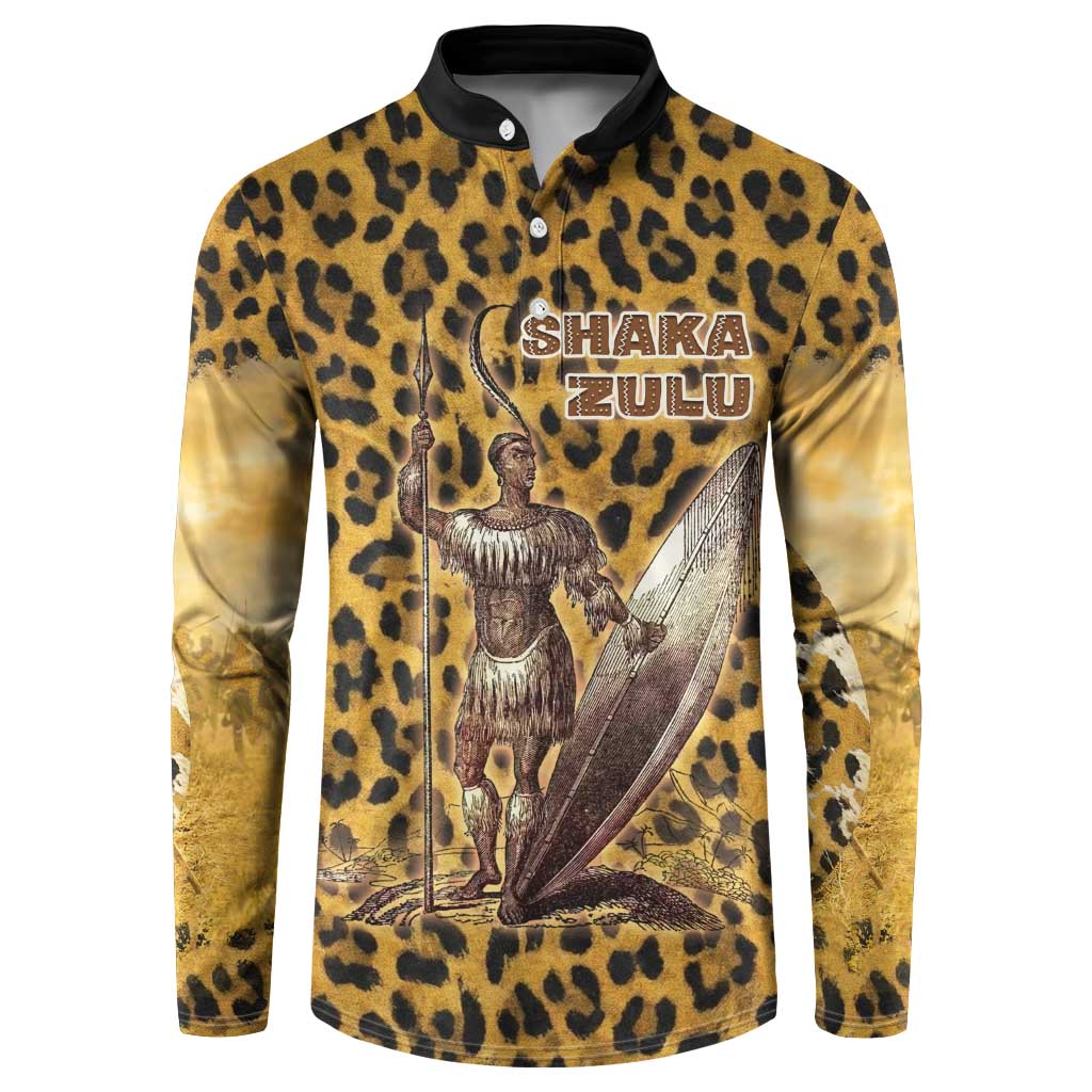 Shaka Zulu Button Sweatshirt Leopard Print Design Traditional Warrior Spear and Shield Illustration Tribal King