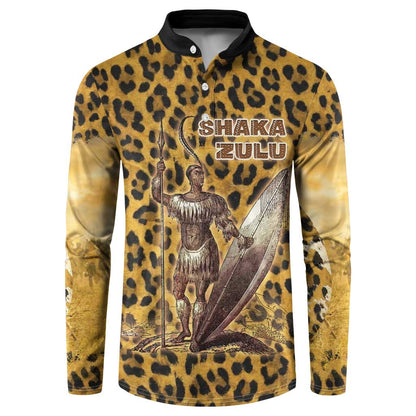 Shaka Zulu Button Sweatshirt Leopard Print Design Traditional Warrior Spear and Shield Illustration Tribal King