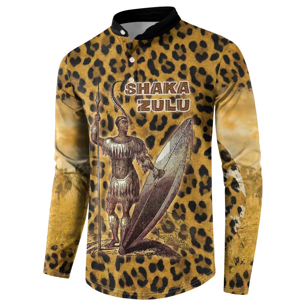 Shaka Zulu Button Sweatshirt Leopard Print Design Traditional Warrior Spear and Shield Illustration Tribal King