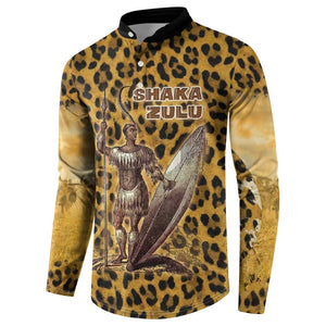 Shaka Zulu Button Sweatshirt Leopard Print Design Traditional Warrior Spear and Shield Illustration Tribal King