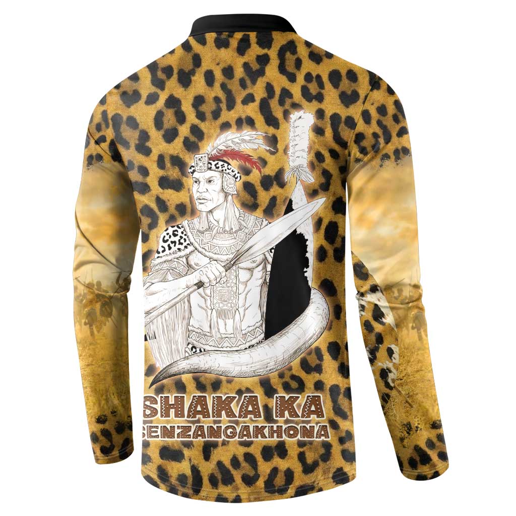 Shaka Zulu Button Sweatshirt Leopard Print Design Traditional Warrior Spear and Shield Illustration Tribal King