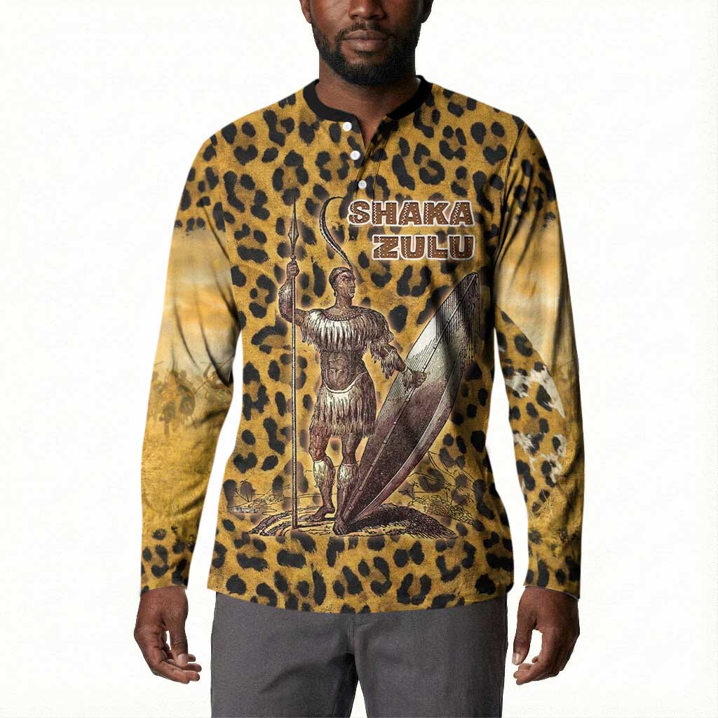Shaka Zulu Button Sweatshirt Leopard Print Design Traditional Warrior Spear and Shield Illustration Tribal King