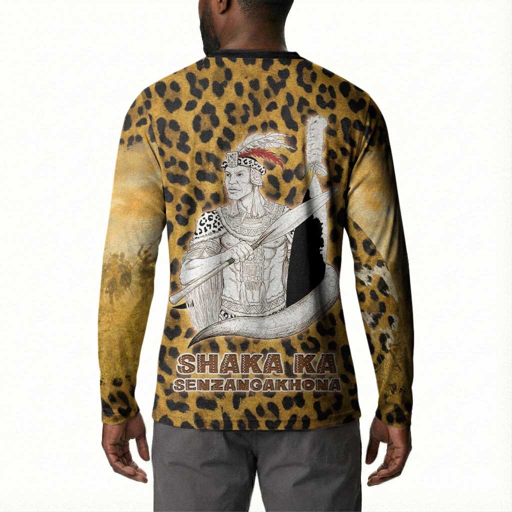 Shaka Zulu Button Sweatshirt Leopard Print Design Traditional Warrior Spear and Shield Illustration Tribal King