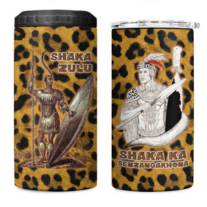 Shaka Zulu 4 in 1 Can Cooler Tumbler Leopard Print Design Traditional Warrior Spear and Shield Illustration Tribal King - African Pride