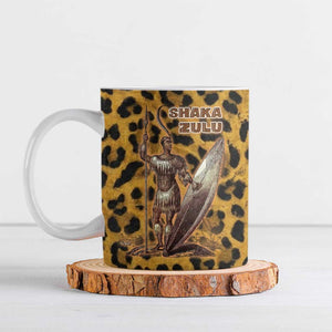 Shaka Zulu Ceramic Mug Leopard Print Design Traditional Warrior Spear and Shield Illustration Tribal King - African Pride