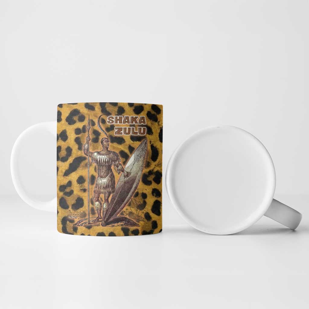Shaka Zulu Ceramic Mug Leopard Print Design Traditional Warrior Spear and Shield Illustration Tribal King - African Pride