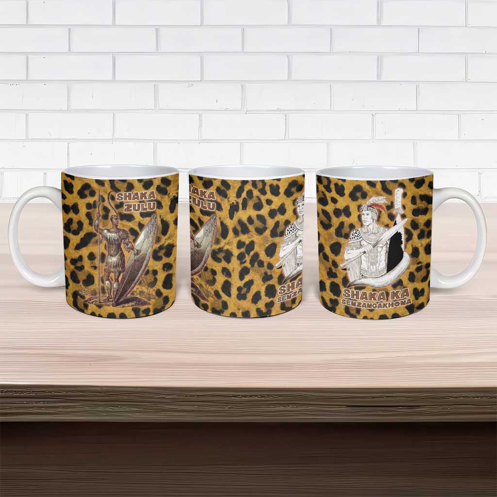 Shaka Zulu Ceramic Mug Leopard Print Design Traditional Warrior Spear and Shield Illustration Tribal King - African Pride