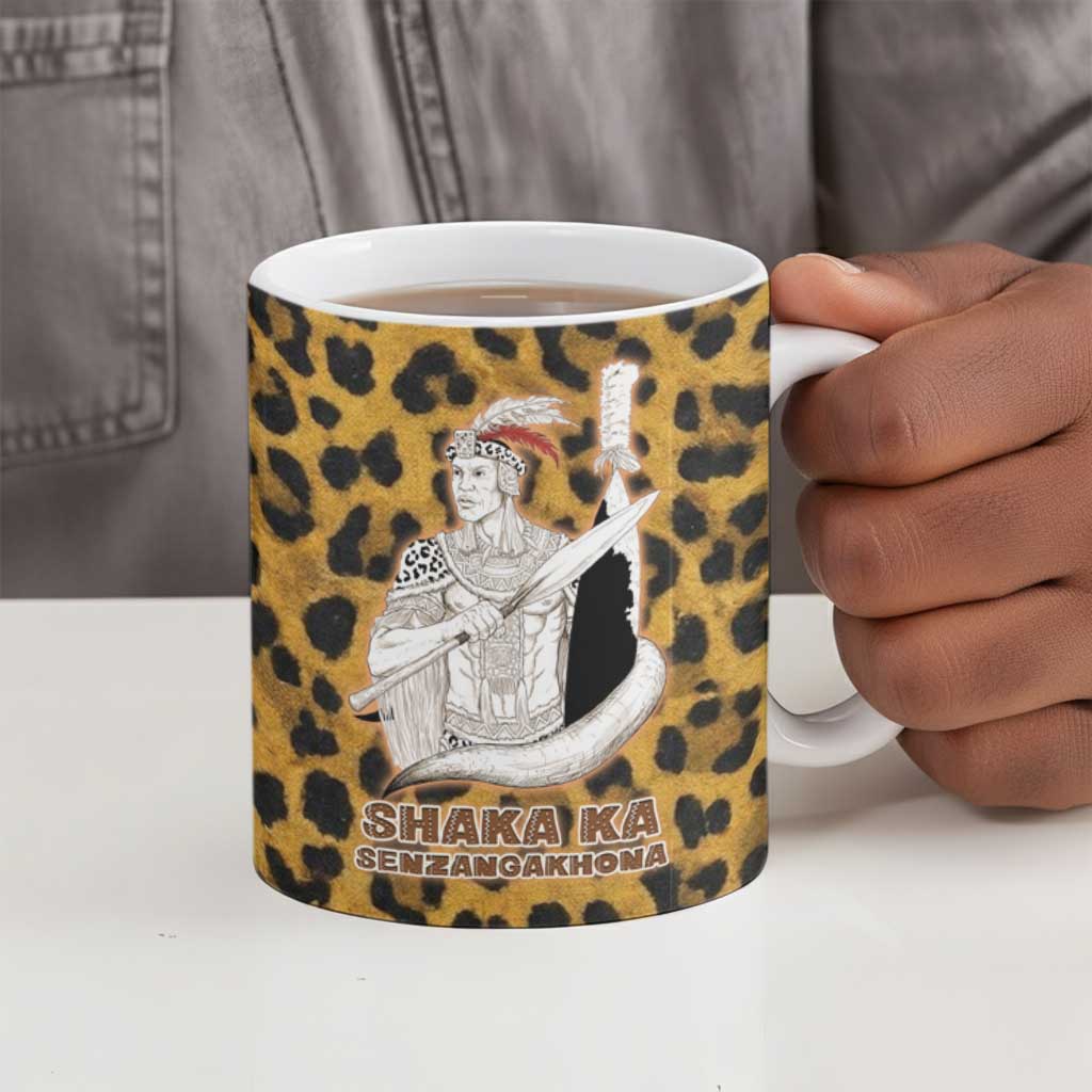 Shaka Zulu Ceramic Mug Leopard Print Design Traditional Warrior Spear and Shield Illustration Tribal King - African Pride