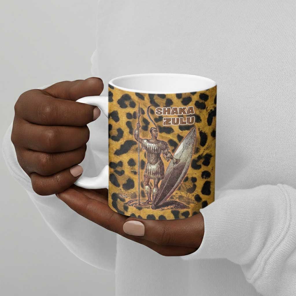 Shaka Zulu Ceramic Mug Leopard Print Design Traditional Warrior Spear and Shield Illustration Tribal King - African Pride