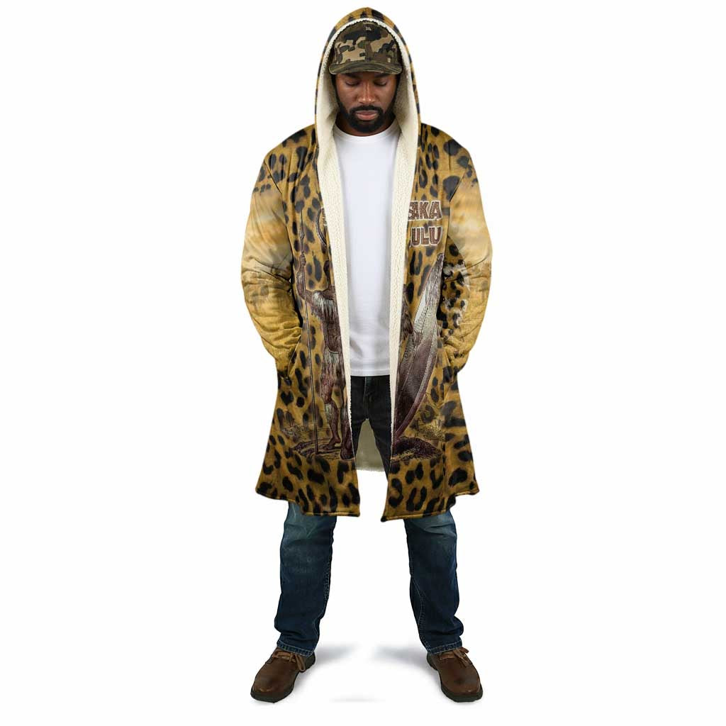 Shaka Zulu Cloak Leopard Print Design Traditional Warrior Spear and Shield Illustration Tribal King - African Pride