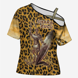 Shaka Zulu Cross Shoulder Shirt Leopard Print Design Traditional Warrior Spear and Shield Illustration Tribal King - African Pride