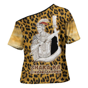 Shaka Zulu Cross Shoulder Shirt Leopard Print Design Traditional Warrior Spear and Shield Illustration Tribal King - African Pride