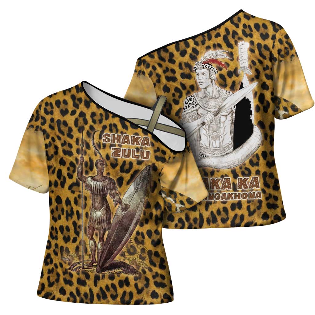 Shaka Zulu Cross Shoulder Shirt Leopard Print Design Traditional Warrior Spear and Shield Illustration Tribal King - African Pride