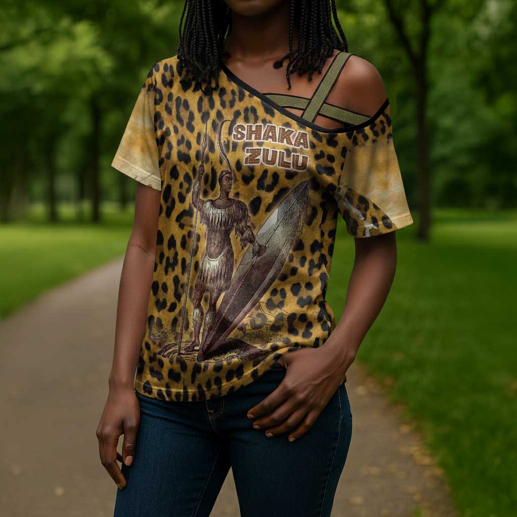 Shaka Zulu Cross Shoulder Shirt Leopard Print Design Traditional Warrior Spear and Shield Illustration Tribal King - African Pride