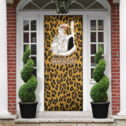 Shaka Zulu Door Cover Leopard Print Design Traditional Warrior Spear and Shield Illustration Tribal King - African Pride