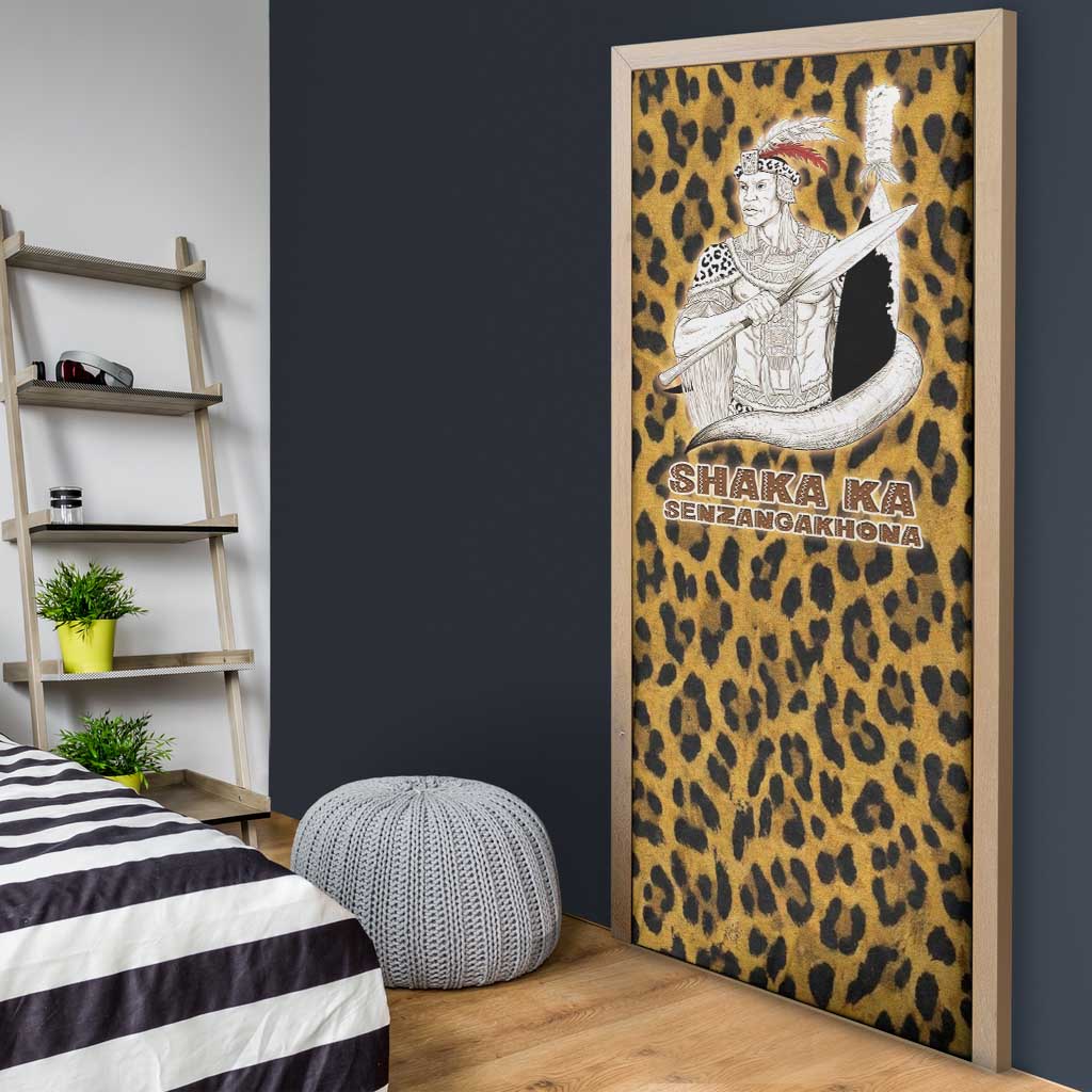 Shaka Zulu Door Cover Leopard Print Design Traditional Warrior Spear and Shield Illustration Tribal King - African Pride