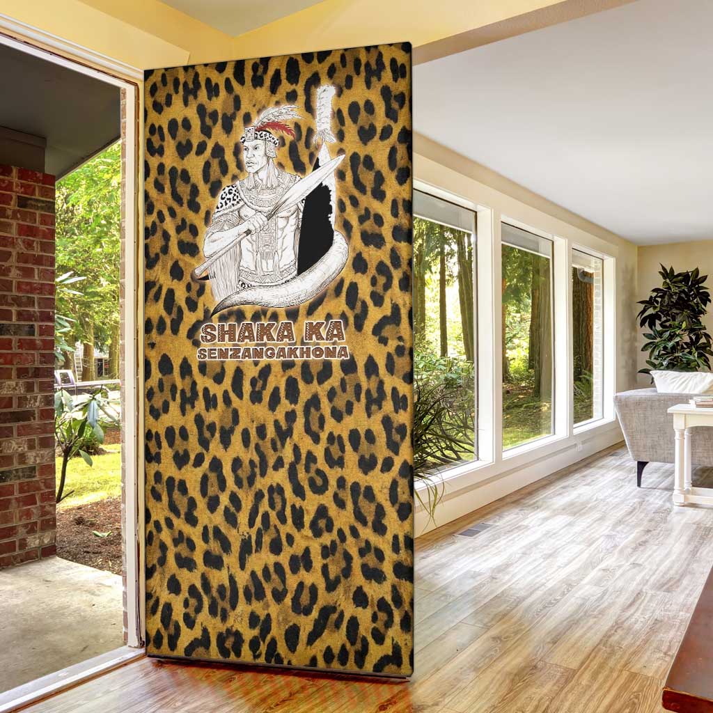 Shaka Zulu Door Cover Leopard Print Design Traditional Warrior Spear and Shield Illustration Tribal King - African Pride