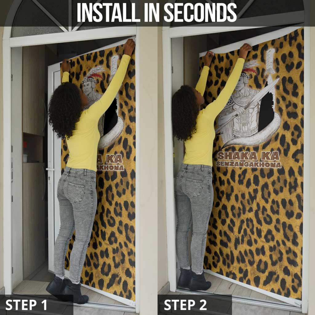 Shaka Zulu Door Cover Leopard Print Design Traditional Warrior Spear and Shield Illustration Tribal King - African Pride