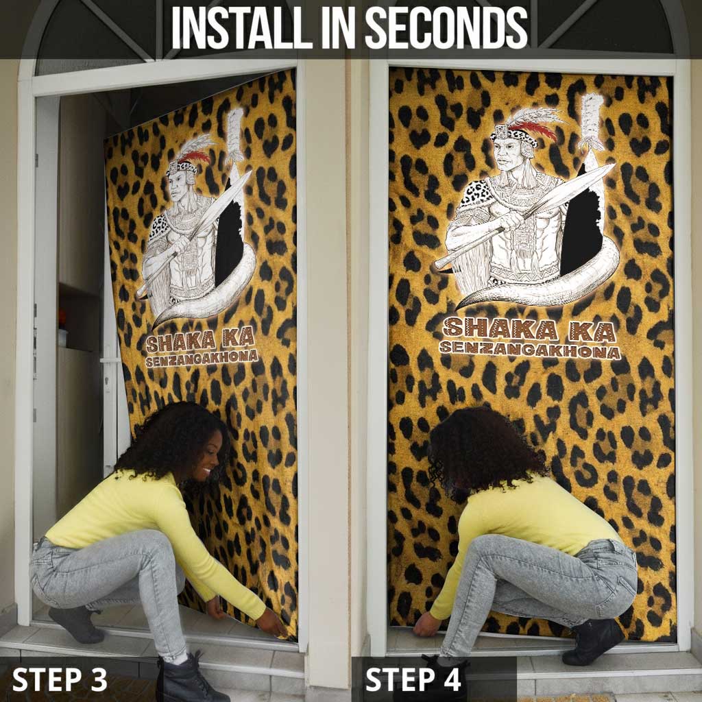 Shaka Zulu Door Cover Leopard Print Design Traditional Warrior Spear and Shield Illustration Tribal King - African Pride