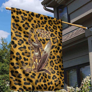 Shaka Zulu Garden Flag Leopard Print Design Traditional Warrior Spear and Shield Illustration Tribal King - African Pride