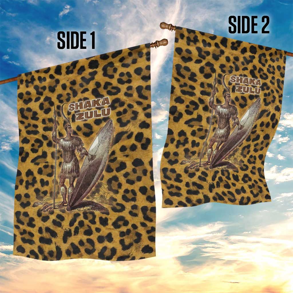 Shaka Zulu Garden Flag Leopard Print Design Traditional Warrior Spear and Shield Illustration Tribal King - African Pride