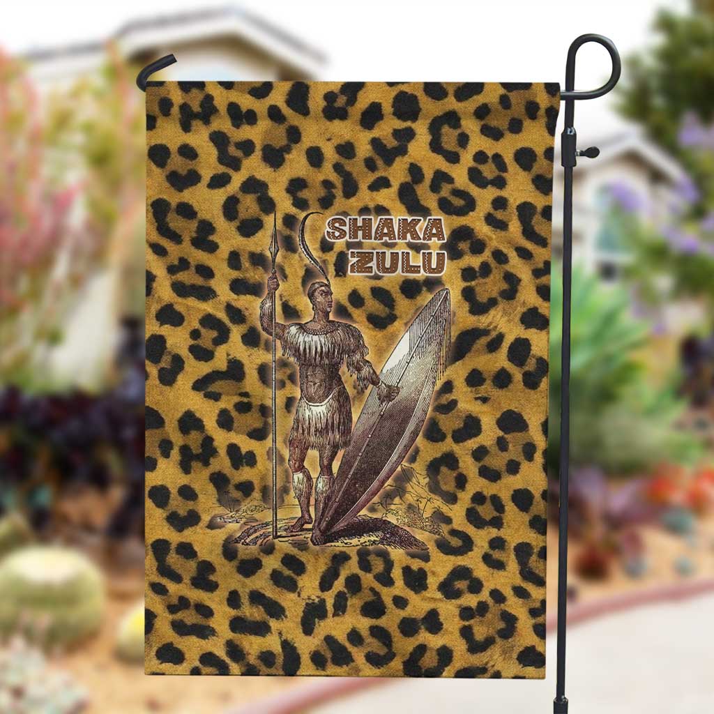 Shaka Zulu Garden Flag Leopard Print Design Traditional Warrior Spear and Shield Illustration Tribal King - African Pride