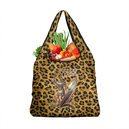 Shaka Zulu Grocery Bag Leopard Print Design Traditional Warrior Spear and Shield Illustration Tribal King - African Pride