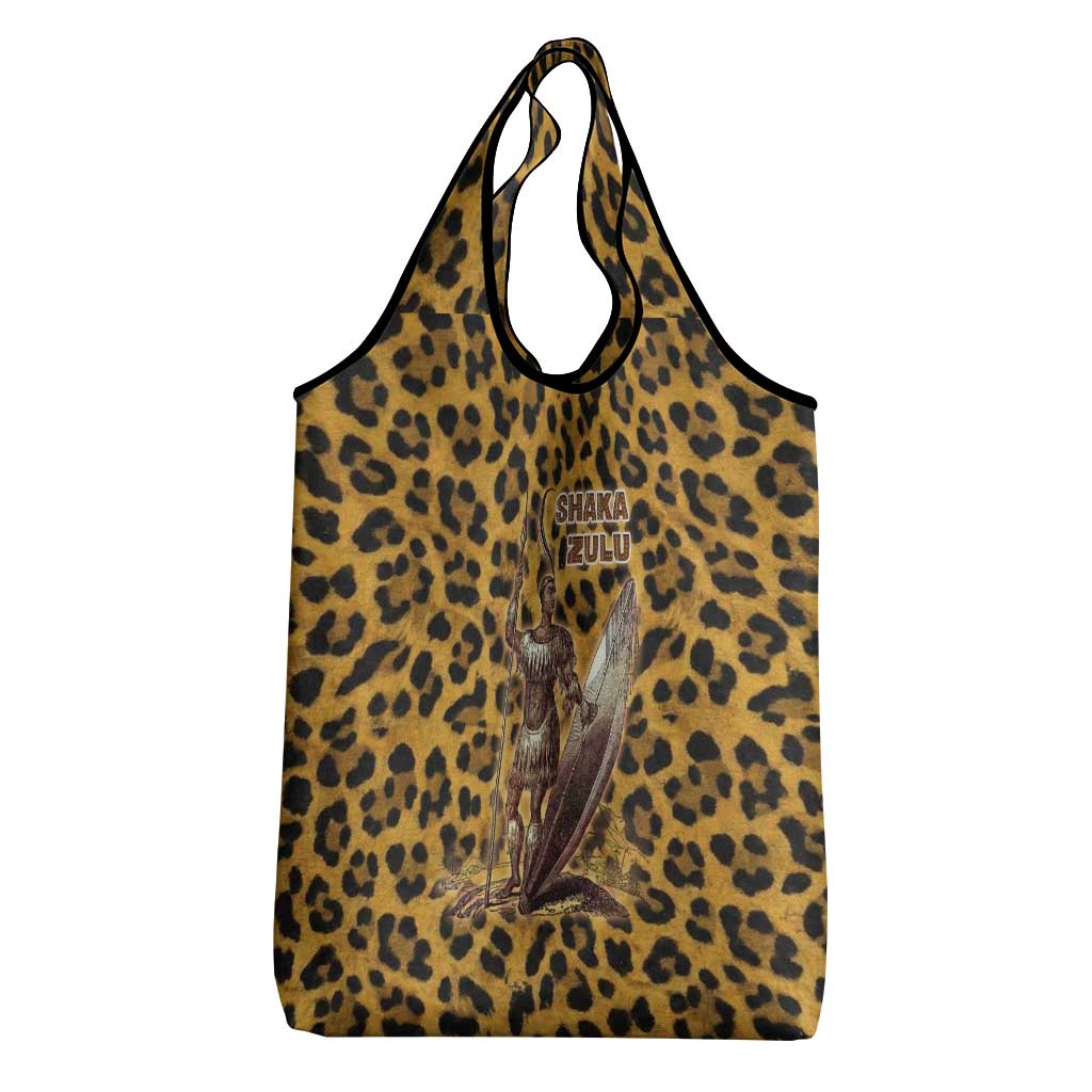 Shaka Zulu Grocery Bag Leopard Print Design Traditional Warrior Spear and Shield Illustration Tribal King - African Pride