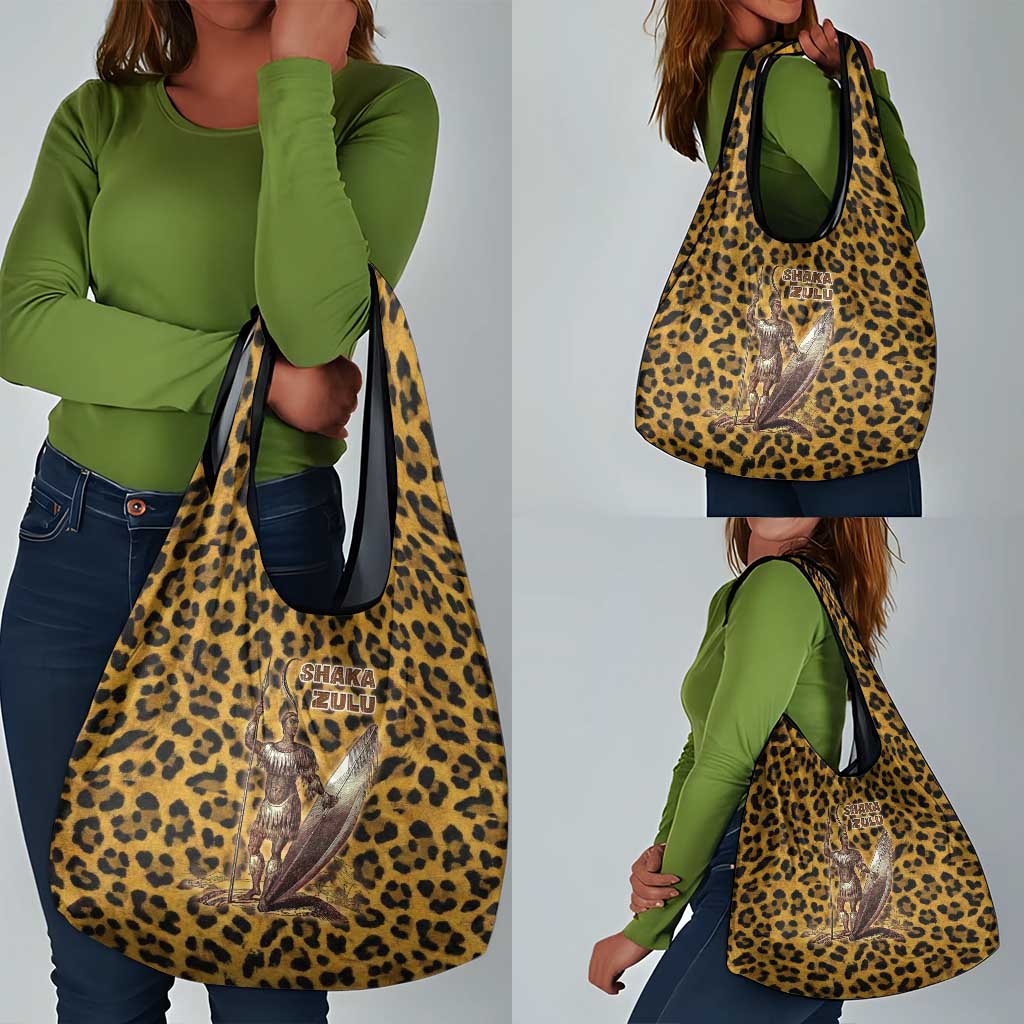 Shaka Zulu Grocery Bag Leopard Print Design Traditional Warrior Spear and Shield Illustration Tribal King - African Pride