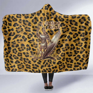 Shaka Zulu Hooded Blanket Leopard Print Design Traditional Warrior Spear and Shield Illustration Tribal King - African Pride