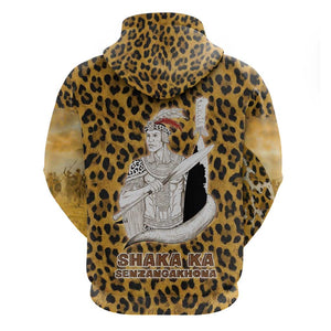 Shaka Zulu Hoodie Leopard Print Design Traditional Warrior Spear and Shield Illustration Tribal King - African Pride