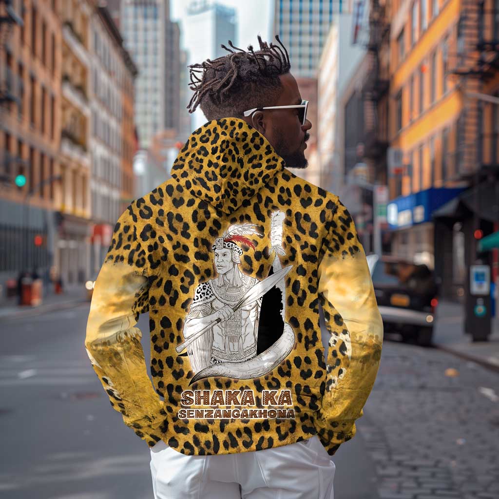 Shaka Zulu Hoodie Leopard Print Design Traditional Warrior Spear and Shield Illustration Tribal King - African Pride