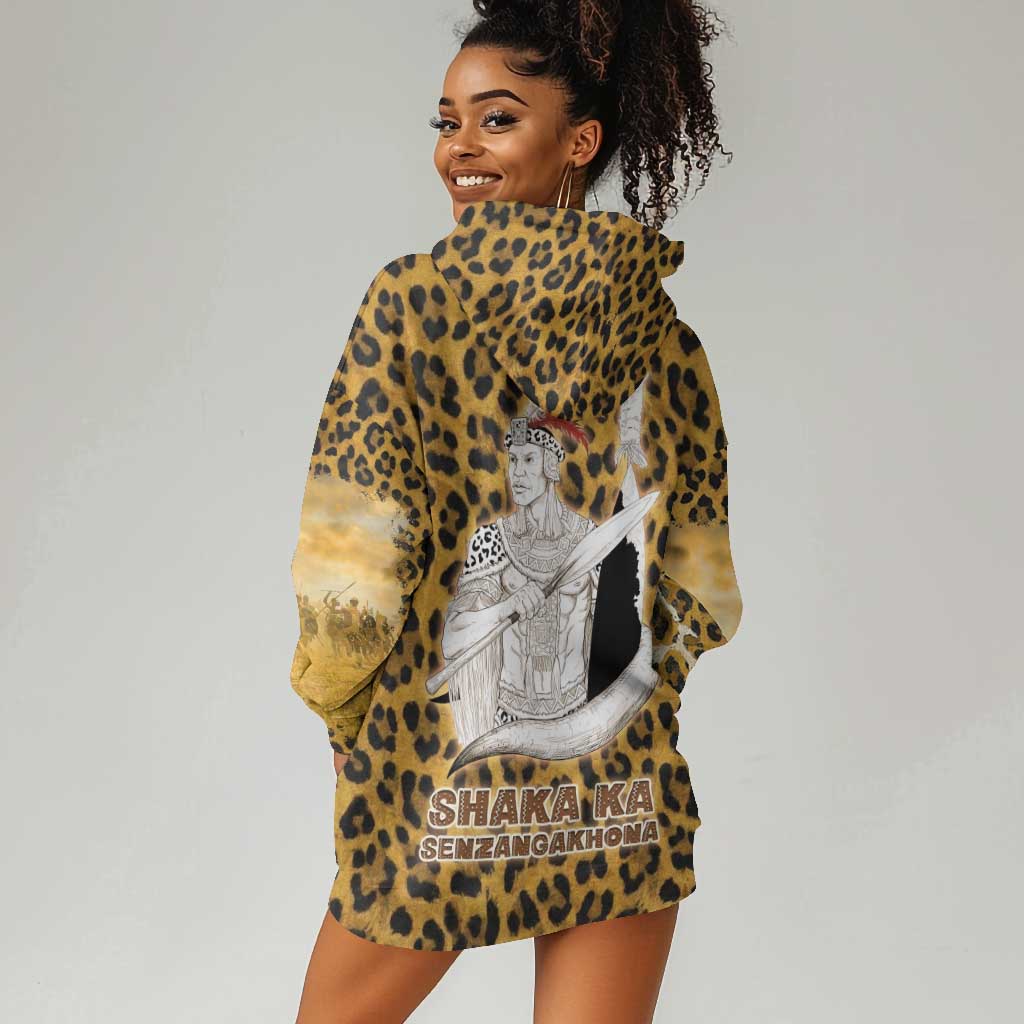 Shaka Zulu Hoodie Dress Leopard Print Design Traditional Warrior Spear and Shield Illustration Tribal King - African Pride
