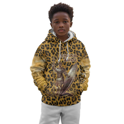 Shaka Zulu Kid Hoodie Leopard Print Design Traditional Warrior Spear and Shield Illustration Tribal King - African Pride