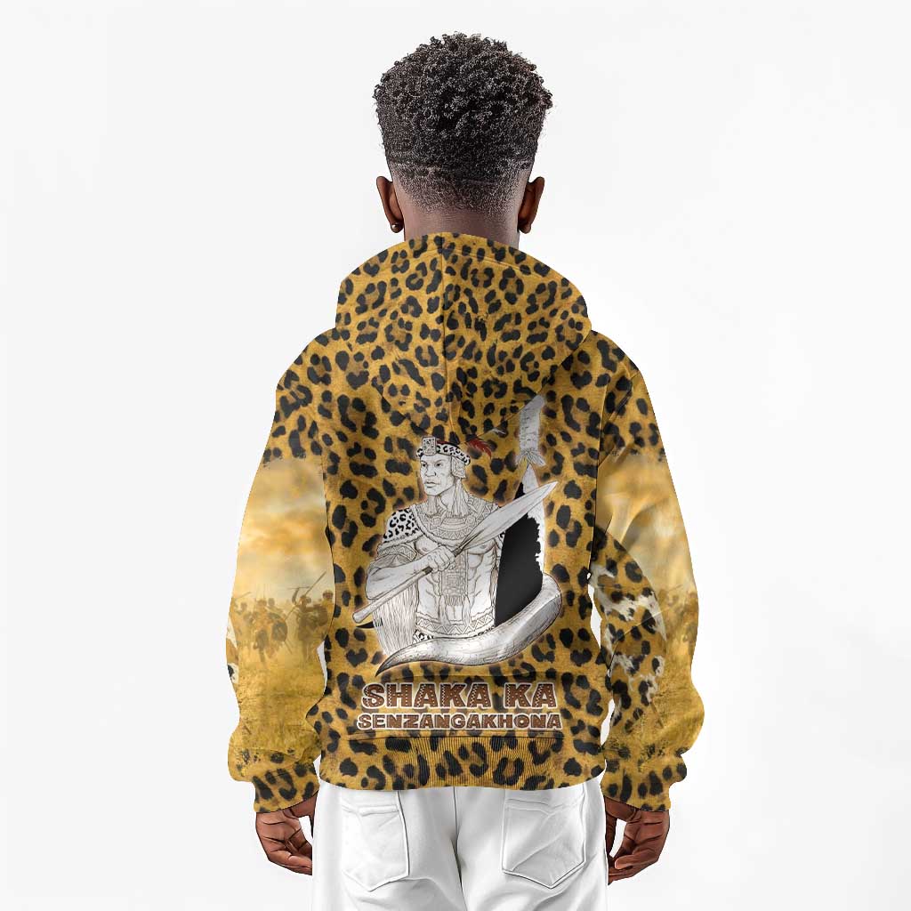 Shaka Zulu Kid Hoodie Leopard Print Design Traditional Warrior Spear and Shield Illustration Tribal King - African Pride