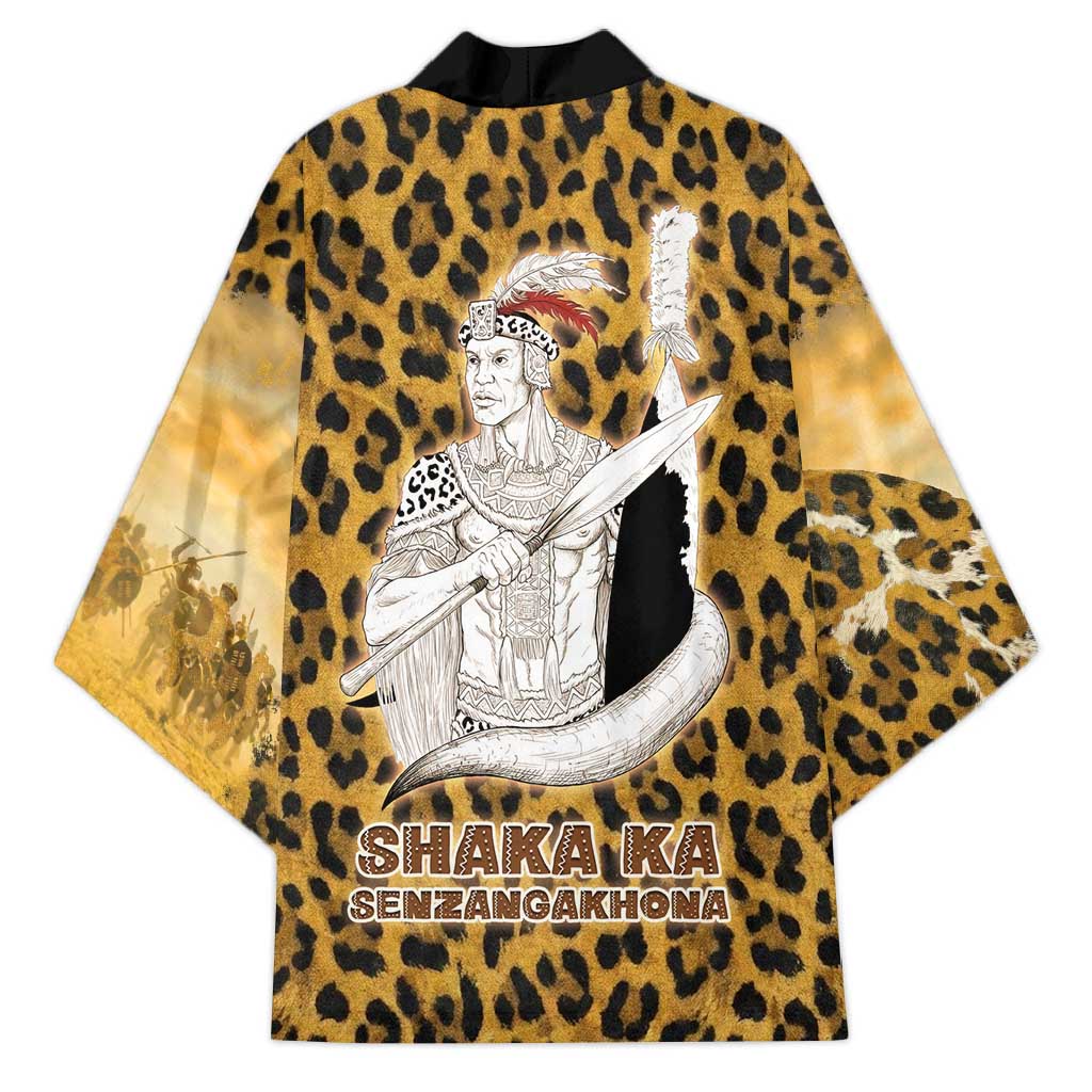 Shaka Zulu Kimono Leopard Print Design Traditional Warrior Spear and Shield Illustration Tribal King - African Pride