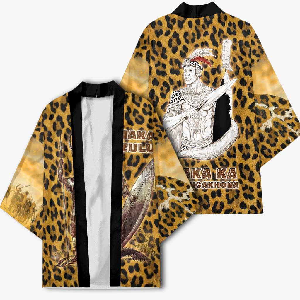 Shaka Zulu Kimono Leopard Print Design Traditional Warrior Spear and Shield Illustration Tribal King - African Pride
