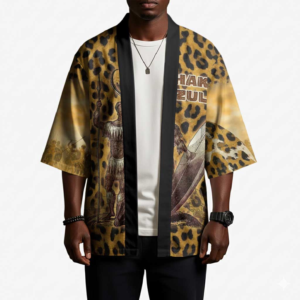 Shaka Zulu Kimono Leopard Print Design Traditional Warrior Spear and Shield Illustration Tribal King - African Pride