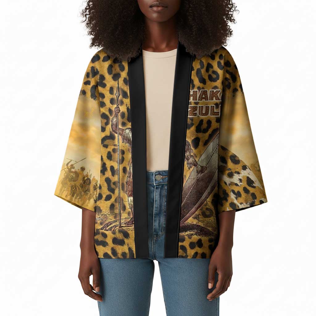 Shaka Zulu Kimono Leopard Print Design Traditional Warrior Spear and Shield Illustration Tribal King - African Pride