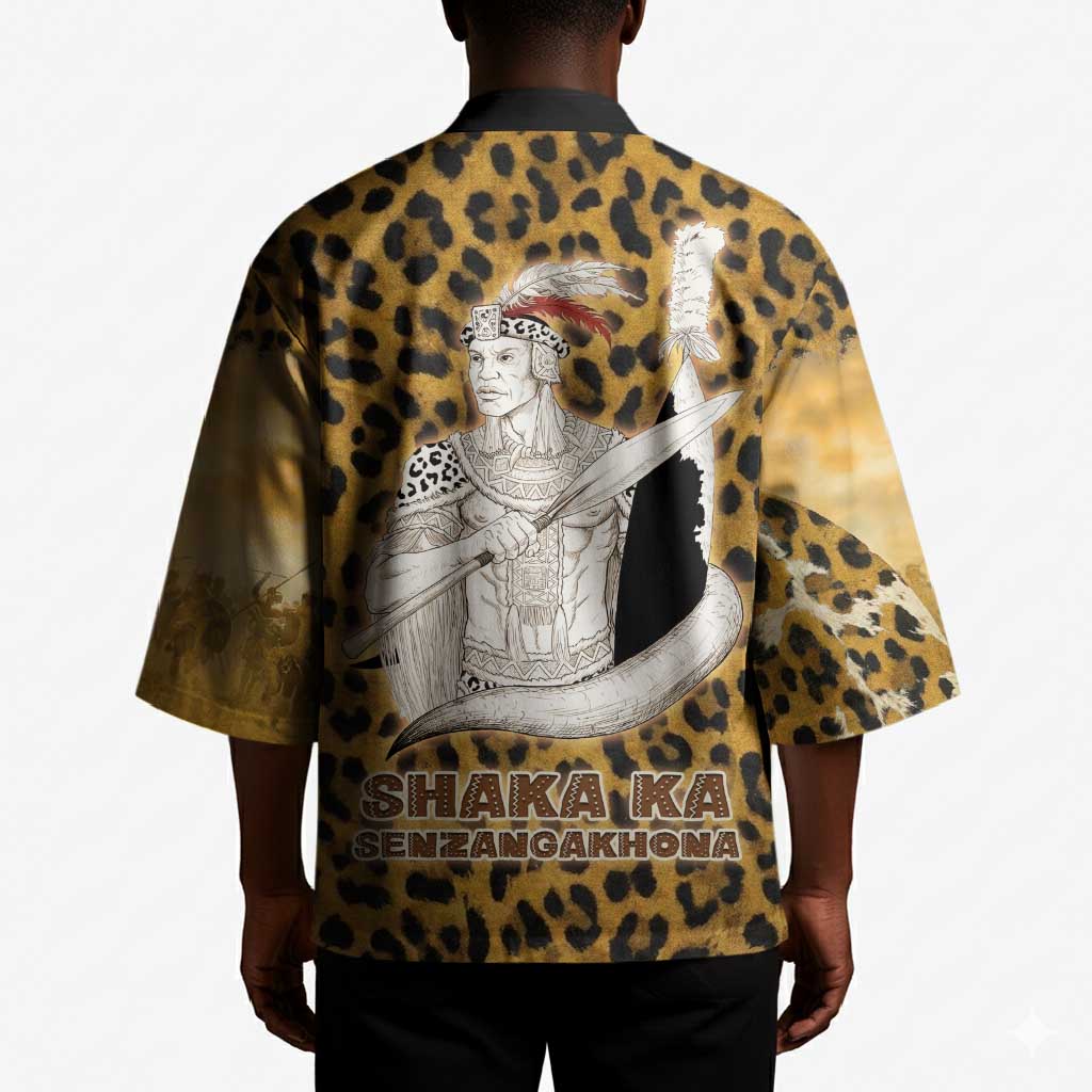 Shaka Zulu Kimono Leopard Print Design Traditional Warrior Spear and Shield Illustration Tribal King - African Pride
