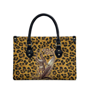 Shaka Zulu Leather Bag Leopard Print Design Traditional Warrior Spear and Shield Illustration Tribal King - African Pride