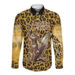 Shaka Zulu Long Sleeve Button Shirt Leopard Print Design Traditional Warrior Spear and Shield Illustration Tribal King - African Pride