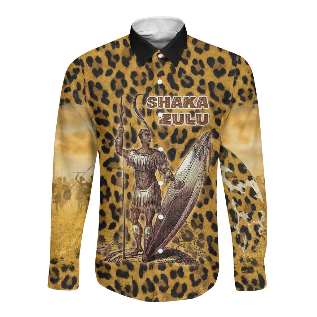 Shaka Zulu Long Sleeve Button Shirt Leopard Print Design Traditional Warrior Spear and Shield Illustration Tribal King - African Pride