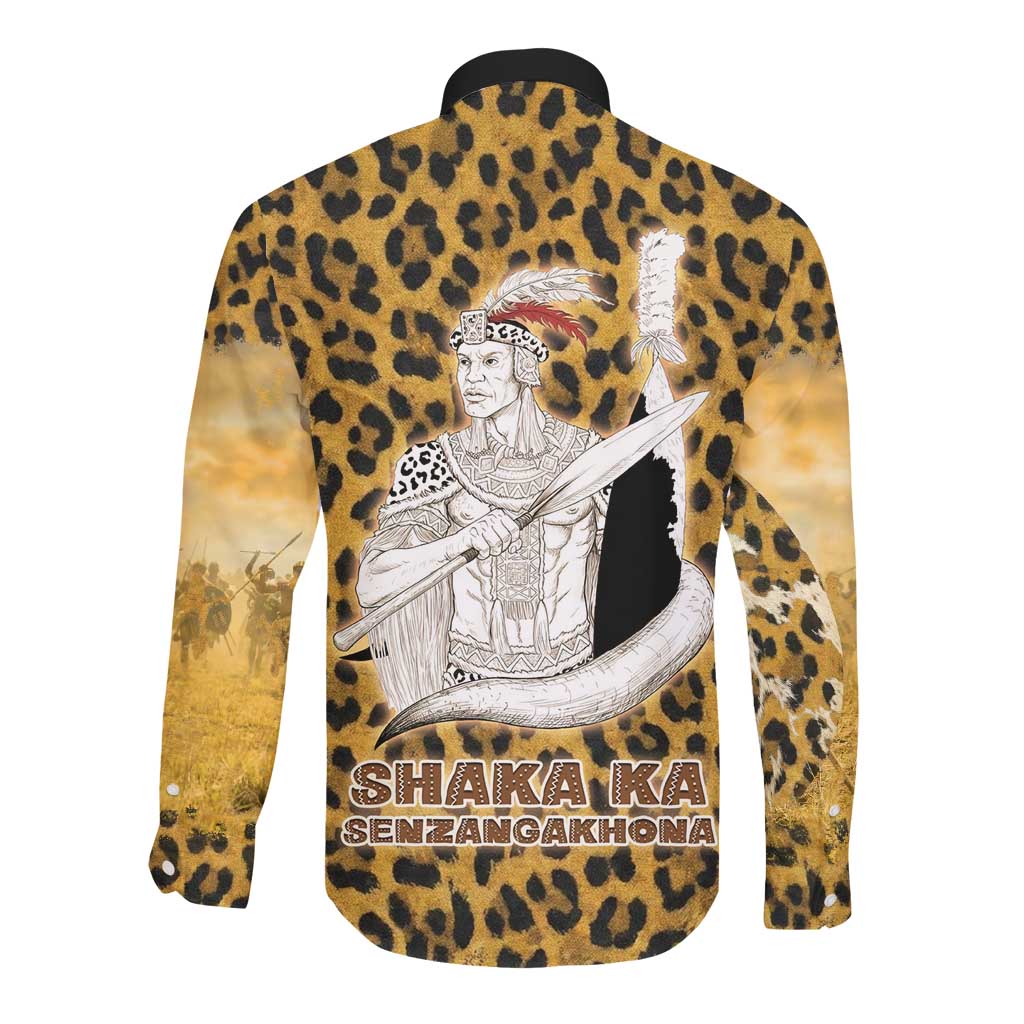 Shaka Zulu Long Sleeve Button Shirt Leopard Print Design Traditional Warrior Spear and Shield Illustration Tribal King - African Pride