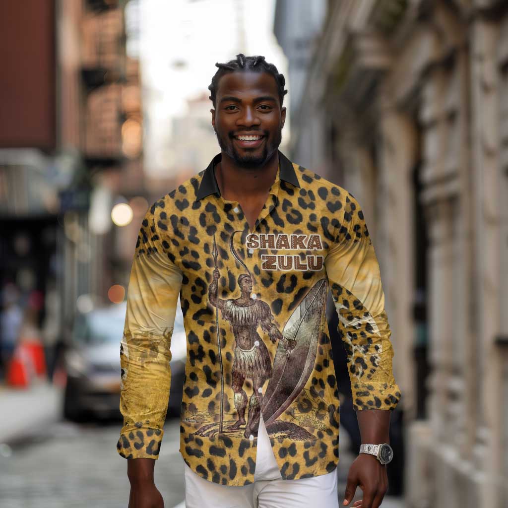 Shaka Zulu Long Sleeve Button Shirt Leopard Print Design Traditional Warrior Spear and Shield Illustration Tribal King - African Pride
