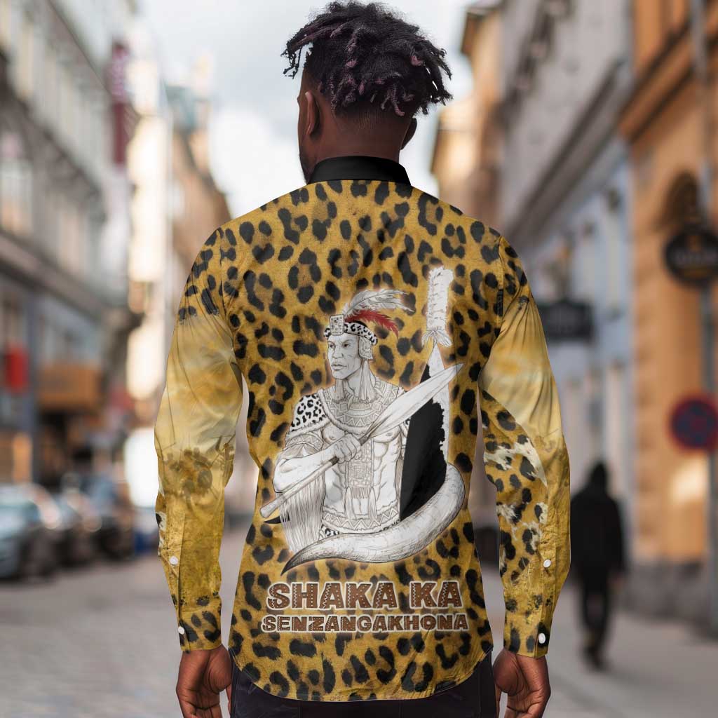 Shaka Zulu Long Sleeve Button Shirt Leopard Print Design Traditional Warrior Spear and Shield Illustration Tribal King - African Pride