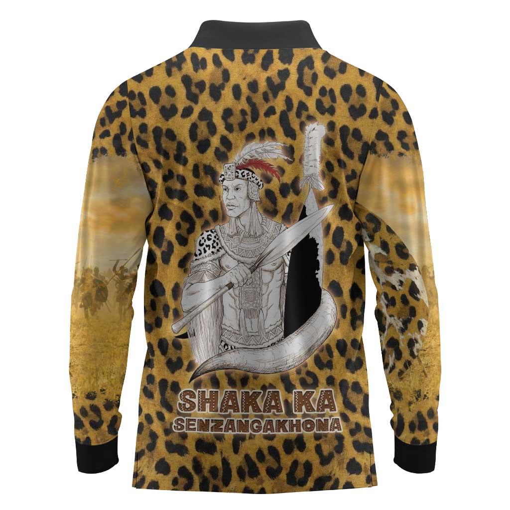 Shaka Zulu Long Sleeve Polo Shirt Leopard Print Design Traditional Warrior Spear and Shield Illustration Tribal King - African Pride