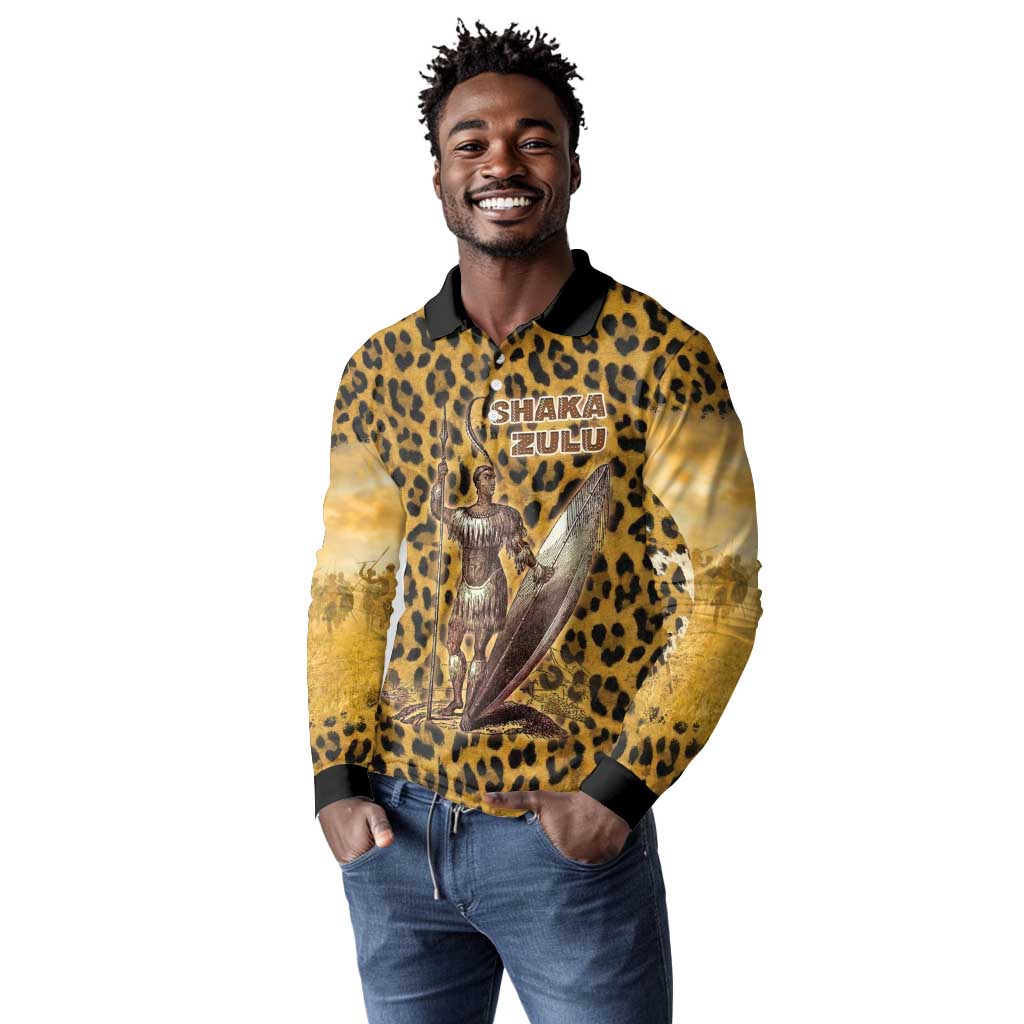 Shaka Zulu Long Sleeve Polo Shirt Leopard Print Design Traditional Warrior Spear and Shield Illustration Tribal King - African Pride
