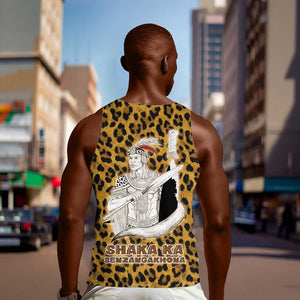 Shaka Zulu Men Tank Top Leopard Print Design Traditional Warrior Spear and Shield Illustration Tribal King - African Pride